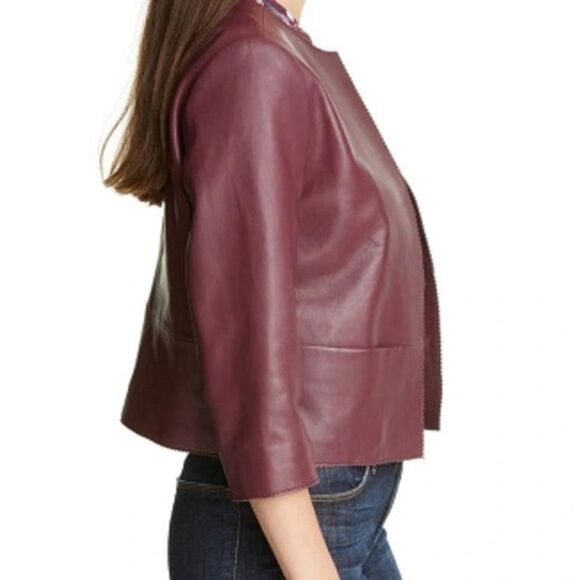 Ted Baker Morisr Zig Zag Edge Cropped Leather Jacket Burgundy, 2 / Small - Picture 6 of 13